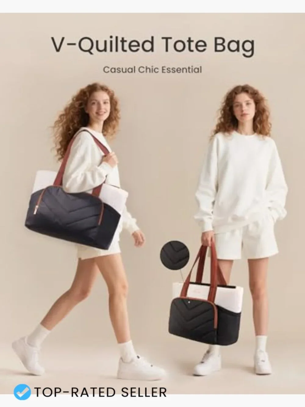 Puffer Tote Bag with V-Quilted Design, Lightweight Nylon, Large Shoulder Laptop